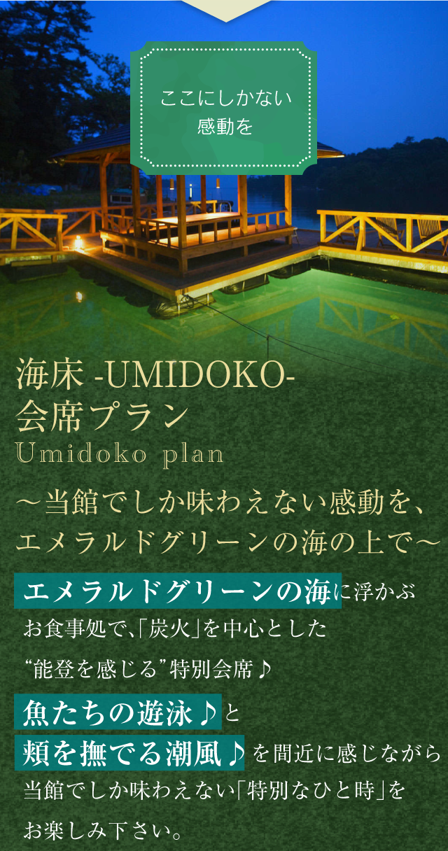 ここにしかない感動を
【海床-UMIDOKO-会席プラン】Umidoko plan
〜当館でしか味わえない感動を、エメラルドグリーンの海の上で〜
「エメラルドグリーンの海」に浮かぶお食事処で、
「炭火」を中心とした“能登を感じる”特別会席♪
「魚たちの遊泳♪」と「頬を撫でる潮風♪」を間近に感じながら
当館でしか味わえない「特別なひと時」をお楽しみ下さい